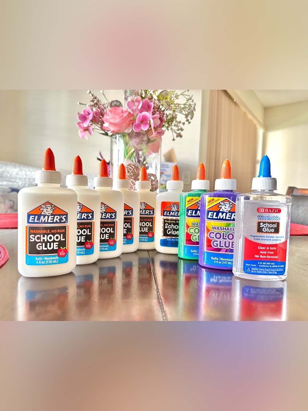 5 Elmer's - 1 Bazic Washable School Glue & 2 Elmer's Color Glue Green Purple